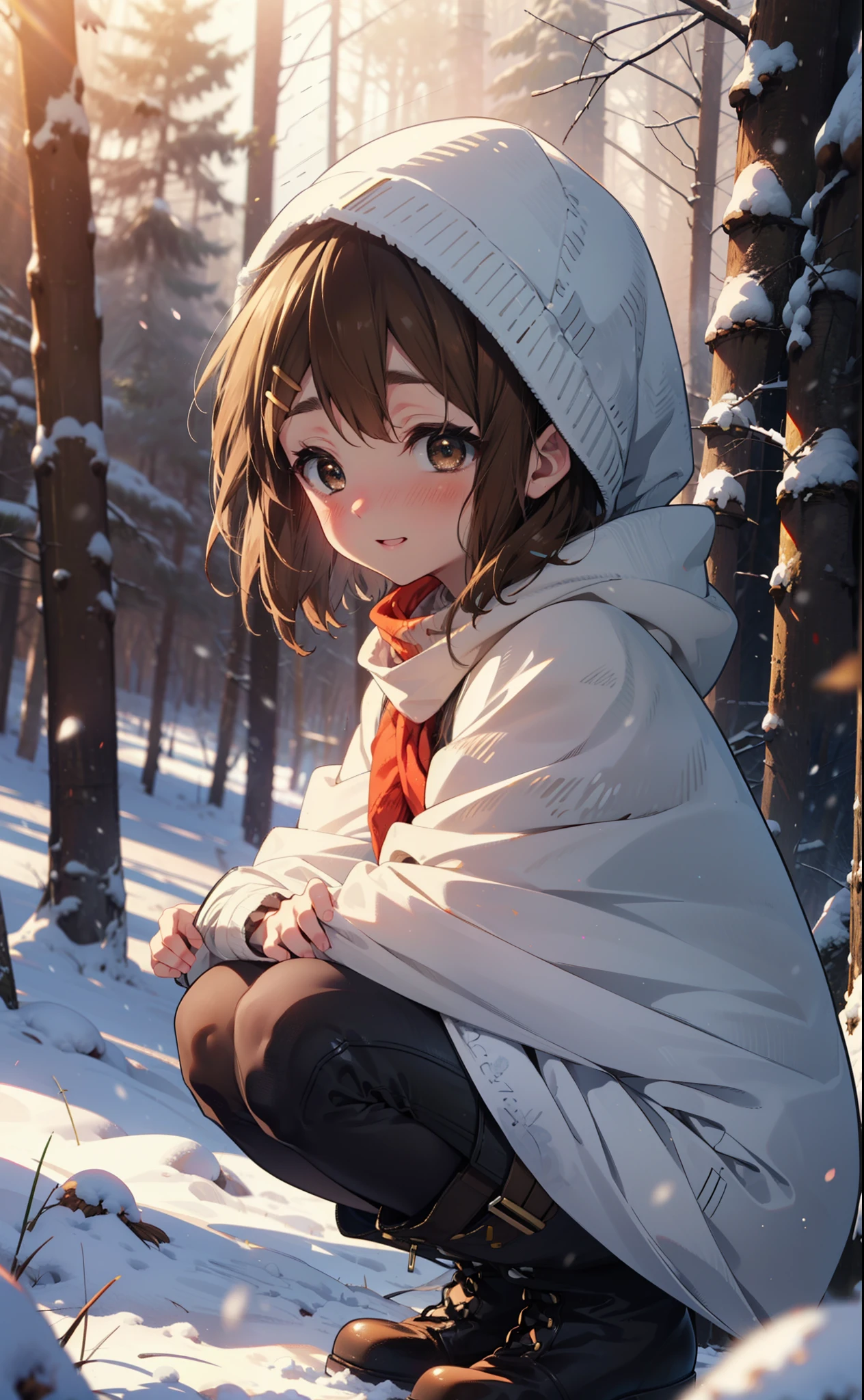 yuihirasawa, Yui Hirasawa, short hair, Brown Hair, hair ornaments, (Brown eyes:1.5), Hair Clip、smile,smile,blush,White Breath,
Open your mouth,snow,Ground bonfire,, Outdoor, boots, snowing, From the side, wood, suitcase, Cape, Blurred, , forest, White handbag, nature,  Squat, Mouth closed, Cape, winter, Written boundary depth, Black shoes, red Cape break looking at viewer, Upper Body, whole body, break Outdoor, forest, nature, break (masterpiece:1.2), Highest quality, High resolution, unity 8k wallpaper, (shape:0.8), (Beautiful and beautiful eyes:1.6), Highly detailed face, Perfect lighting, Extremely detailed CG, (Perfect hands, Perfect Anatomy),
