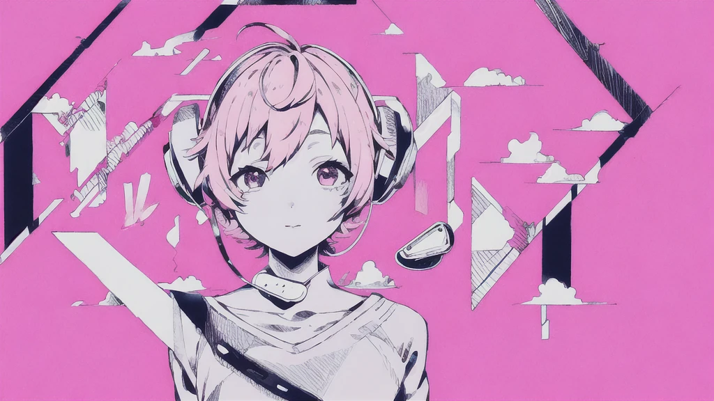 masterpiece, best quality, 1girl, solo, short pink_hair, looking_at_viewer, wearing electronic headset, piece poses , pink_theme, pill, jirai_kei, monochrome, 