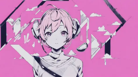 masterpiece, best quality, 1girl, solo, short pink_hair, looking_at_viewer, wearing electronic headset, piece poses , pink_theme...
