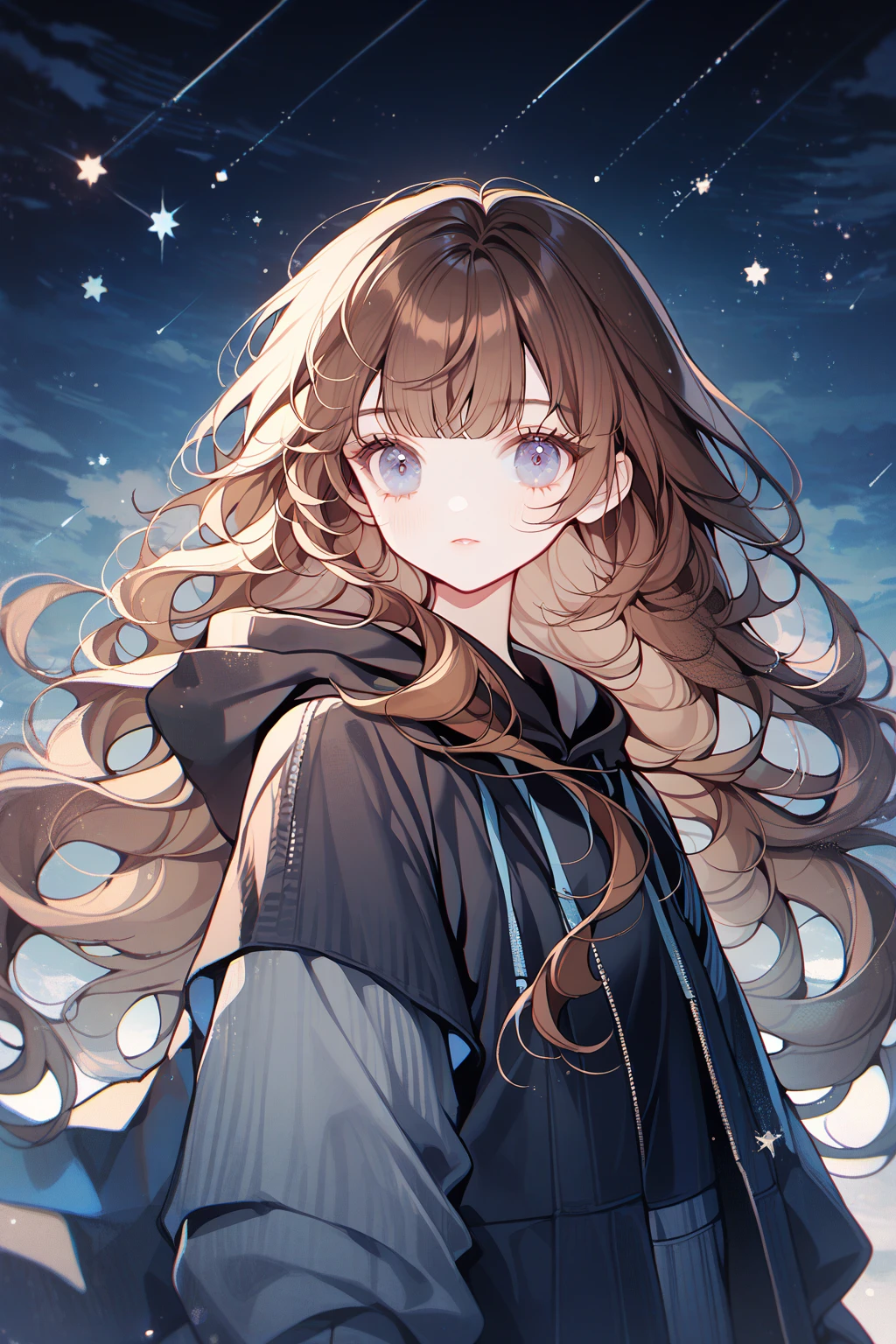 by ttosom, 1 girl, CuteStyle, blue eyes, brown hair, long hair with bangs, upper body, flowing hair, dressed in a black hoodie and gray jeans, black fingerless gloves, looking at the viewer, calm gaze, sky, night sky, sky studded with stars, comets, dark, detailed, beautiful, delicate tones