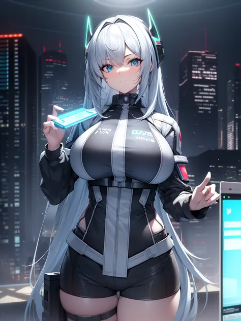 ((best quality)), ((masterpiece)), (highly detailed:1.3), 3d,rfktr_technotrex, beautiful cyberpunk woman with voluminous hair,(w...