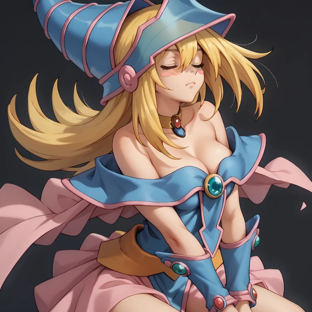 ウインク,closed eyes,
solo,
DarkMagicianGirl,1girl,blonde hair,blush stickers,
wizard hat,
choker,
bare shoulders,cleavage,capelet,blue dress,see-through,
pink skirt,