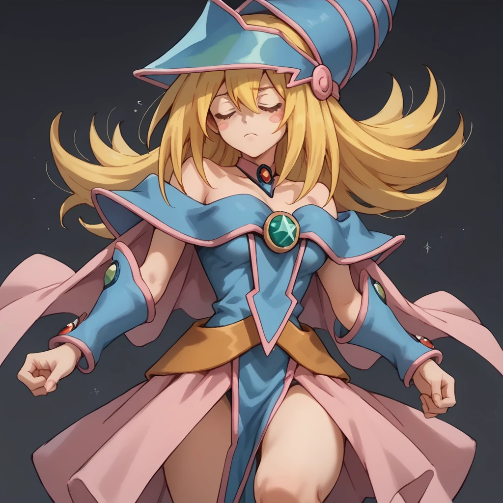 ウインク,closed eyes,
solo,
DarkMagicianGirl,1girl,blonde hair,blush stickers,
wizard hat,
choker,
bare shoulders,cleavage,capelet,blue dress,see-through,
pink skirt,