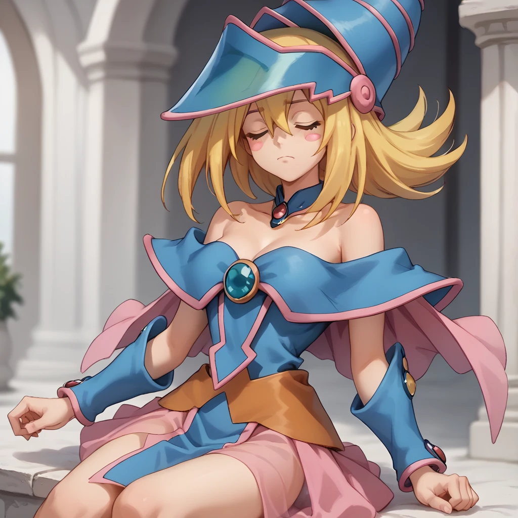 ウインク,closed eyes,
solo,
DarkMagicianGirl,1girl,blonde hair,blush stickers,
wizard hat,
choker,
bare shoulders,cleavage,capelet,blue dress,see-through,
pink skirt,