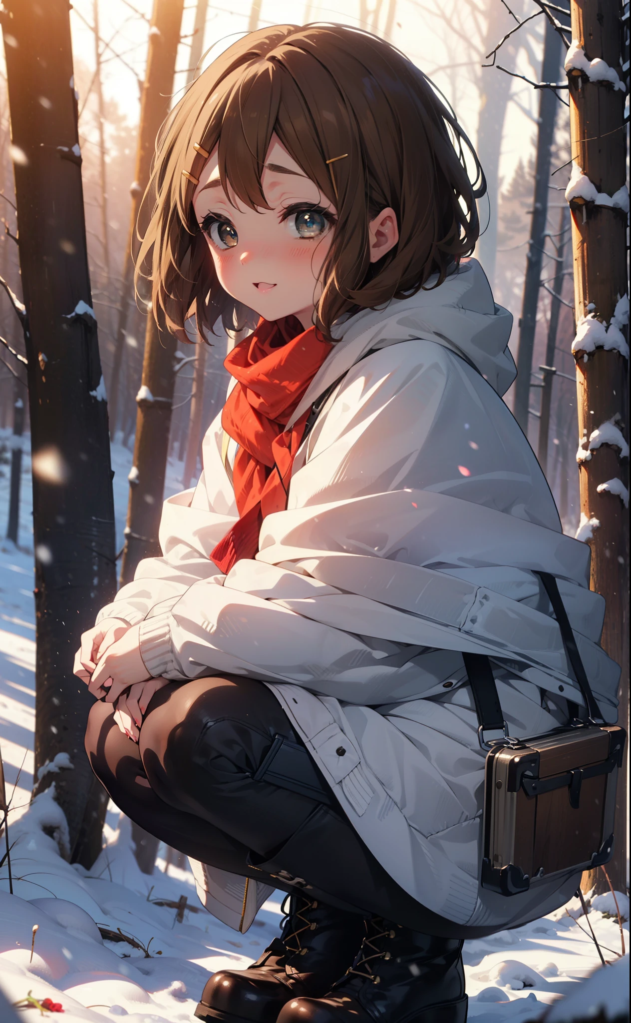 yuihirasawa, Yui Hirasawa, short hair, Brown Hair, hair ornaments, (Brown eyes:1.5), Hair Clip、smile,smile,blush,White Breath,
Open your mouth,snow,Ground bonfire,, Outdoor, boots, snowing, From the side, wood, suitcase, Cape, Blurred, , forest, White handbag, nature,  Squat, Mouth closed, Cape, winter, Written boundary depth, Black shoes, red Cape break looking at viewer, Upper Body, whole body, break Outdoor, forest, nature, break (masterpiece:1.2), Highest quality, High resolution, unity 8k wallpaper, (shape:0.8), (Beautiful and beautiful eyes:1.6), Highly detailed face, Perfect lighting, Extremely detailed CG, (Perfect hands, Perfect Anatomy),