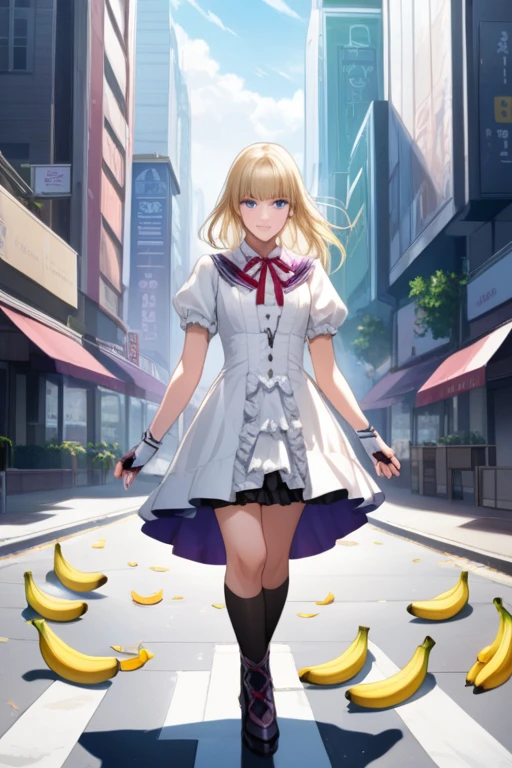 score_9, score_8_up, score_7_up, best quality, masterpiece, source_anime, zPDXL2, BREAK
1girl, solo,  lili,  blonde hair, blue eyes, lilit7, pasntyhose, purple, fingerless gloves, dress, city, , smile, happy
Pretending to slip on a banana peel