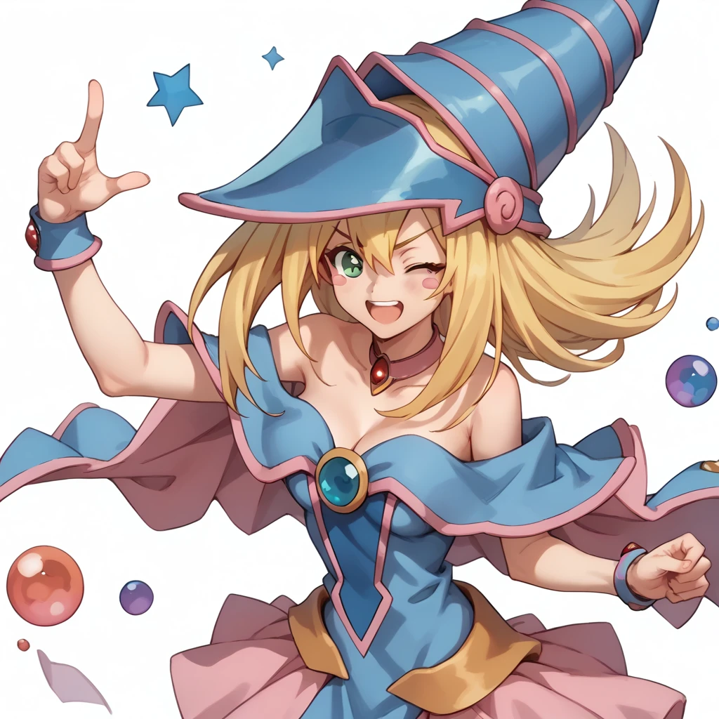 One-eyed wink,closed eyes,
独奏,
DarkMagicianGirl,1girl,blonde hair,blush stickers,
wizard hat,
choker,
bare shoulders,cleavage,capelet,blue dress,see-through,
pink skirt,