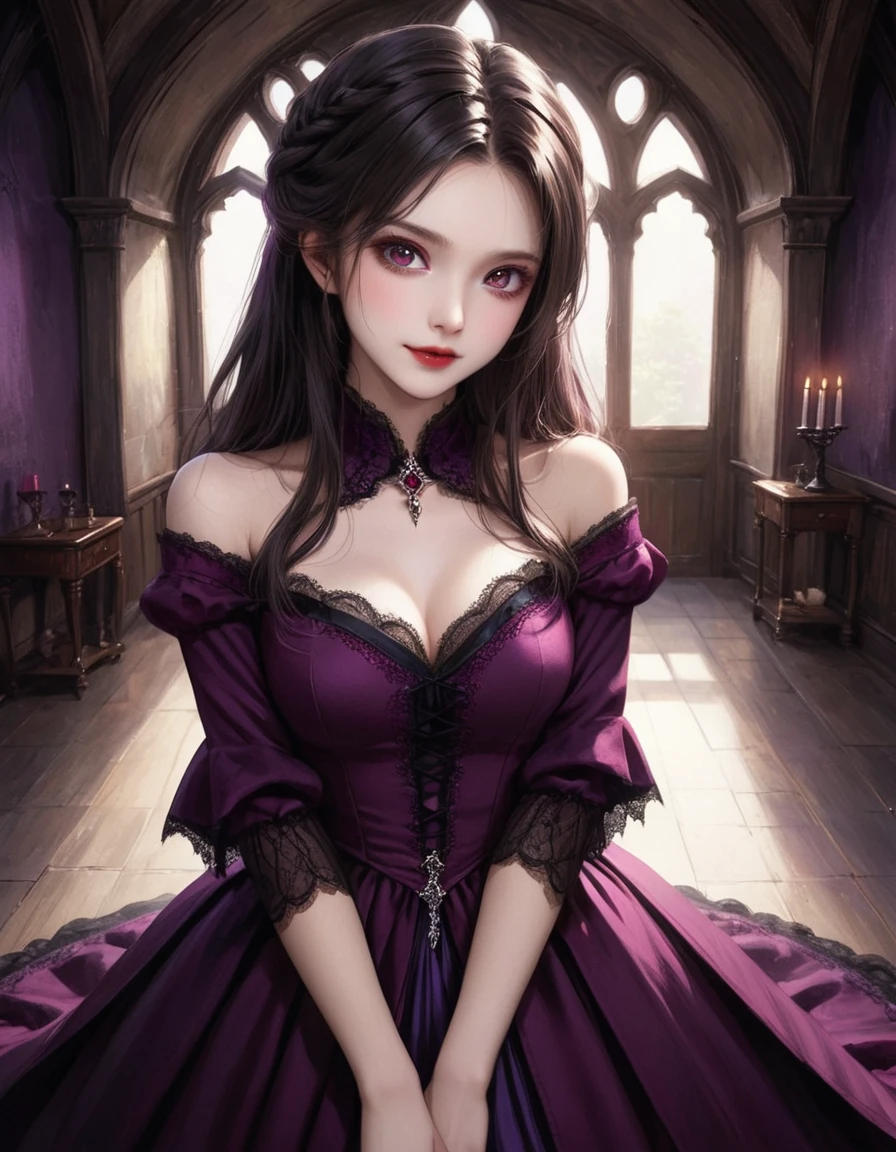 dynamic angle, (close up face), vampire princess, Under the moonlight, in a room of an old castle, there is a princess. Her skin is white, her eyes are deep crimson, and her beauty is beyond human. Her dress is made of black and purple velvet, and its hem flows as if tracing the floor. A faint smile is on her lips, but behind that smile, you can feel something not human. It indicates that she is a vampire. However, her appearance makes you feel more cute than scary. Her purity and elegance well hide the fact that she is a vampire.