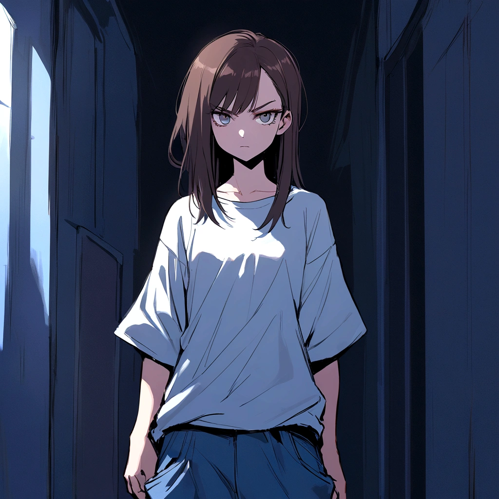 make me a female, 16 years old, short dark brown hair, grey eyes, baggy jeans and oversized shirt, she looks serious, she's pointing a gun at someone