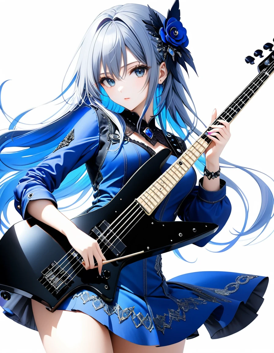 (((White background:1.5)))、(very wide shot)、(masterpiece、Ultra HD、Highest quality、Masterpiece、４K:1.2)、Slender body、Playing a black electric bass,Scandinavian Metal Girl, Intense gaze into the camera, Intricate details, Highly detailed eyes, Highly detailed fingers、Blue semi-long hair、Blue Gothic Dress, Intricate details、jeans、Are standing、Dynamic movement
