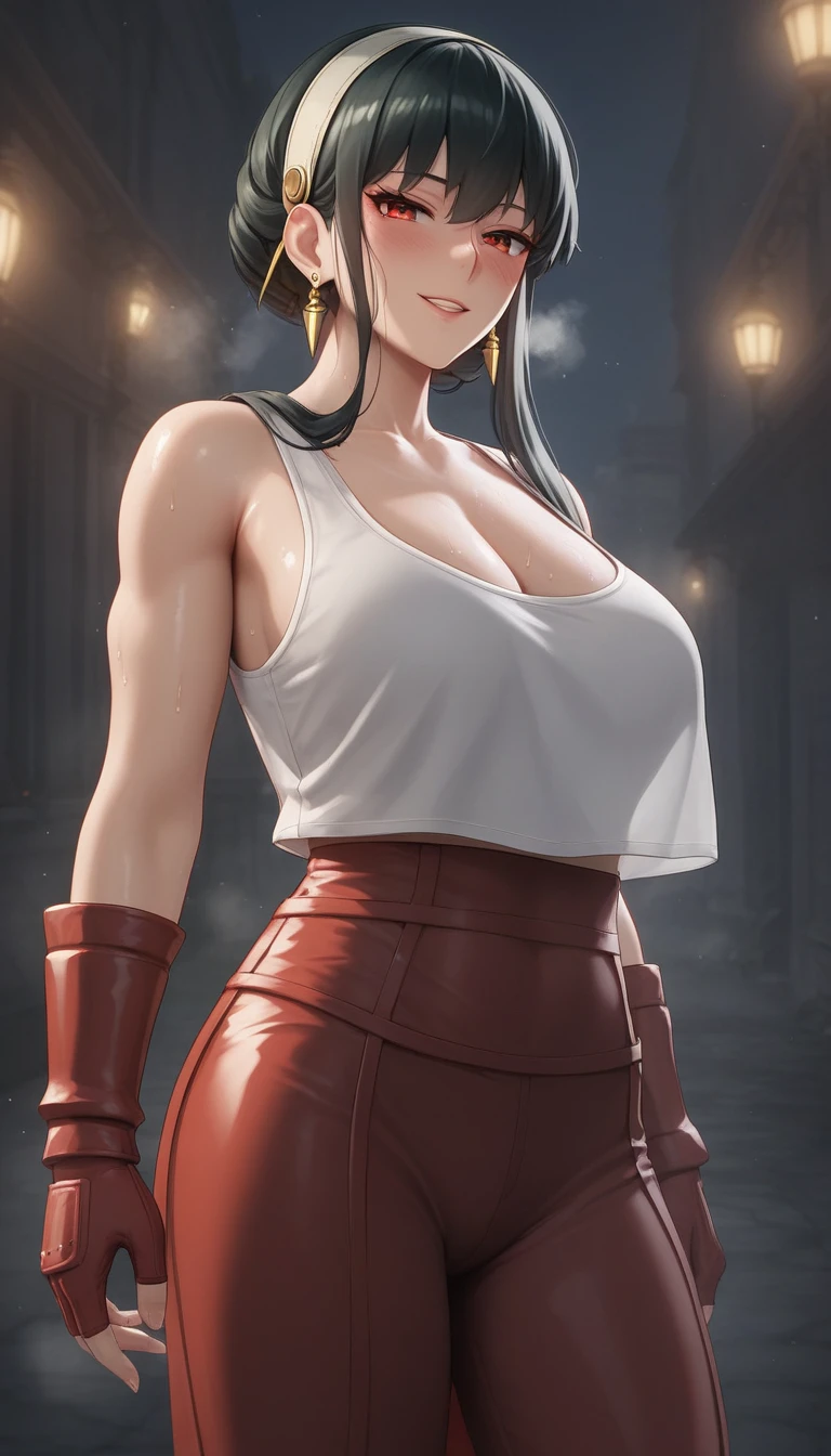 score_9, score_8_up, score_7_up, score_6_up, uncensored, Yor Briar, black hair, earrings, white hairband, hairband, long hair, sidelocks, red eyes, naughty face, shiny skin, sweating, steaming body, heavy breathing, BREAK (masterpiece:1.2), best quality, high resolution, unity 8k wallpaper, (illustration:0.8), (detailed eyes:1.3), extremely detailed face, perfect lighting, extremely detailed CG, (perfect hands, perfect anatomy), porn, 3d, white tank top, red (samurai armor), red gloves, pants, (getting undressed), night city, neon lights, dim lighting, dark alley,