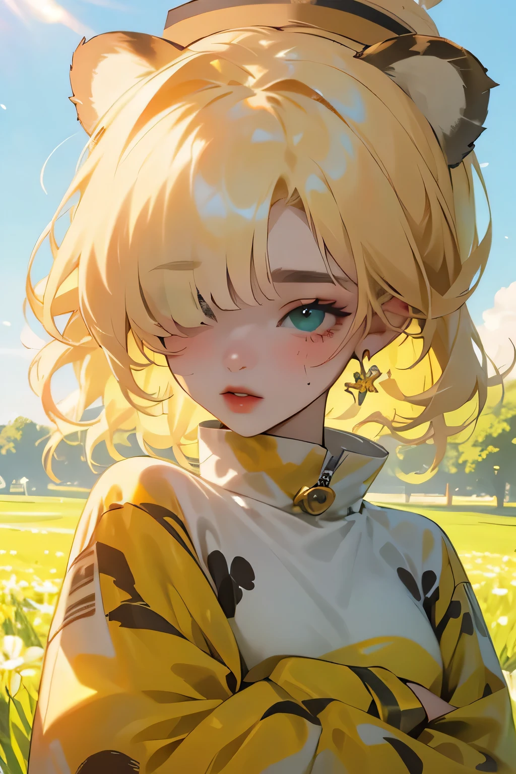 (high quality) (Best Quality) (Una Women) (correct physiognomy) (perfect students) (Perfect eyes) Women, blonde hair with bangs on the forehead, TWO cat ears growing out of his head, eyes with heterochromia dos ojos, one eye green and the other gold, sensitive lips, female appearance, soft facial features, thin eyebrows, soft skin, rosy cheeks, pink lips, silky eyelashes, dreamy expression, middle age, youth clothing, glitter sweatshirt, tiger print, photo illuminated by sunlight, Women en un campo de flores al aire libre con un cielo azulado de nubes