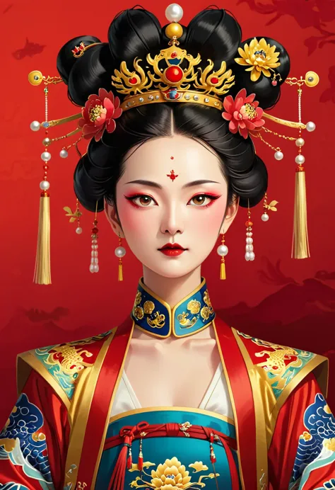 dragon throne：1.37.solemn girl portrait，symmetry，round face，bright eyes，smooth skin，red peony headdress，elegant and luxurious，we...