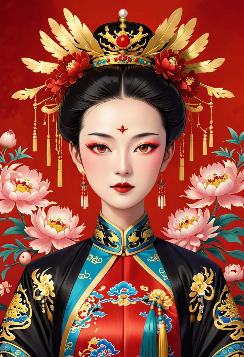 Dragon Throne：1.37.Solemn girl portrait，symmetry，Round Face，Bright Eyes，Smooth skin，Red peony headdress，Elegant and luxurious，Wealth，Gorgeous black and gold costumes，Chinese Qing Dynasty flag costumes,Selfish,Chinese Emperor，High bun，Gorgeous golden crown，tassel，palace，Clean background，(((Wu Zetian，Empress)))，Pearl tassels，Pearl Makeup，Red background