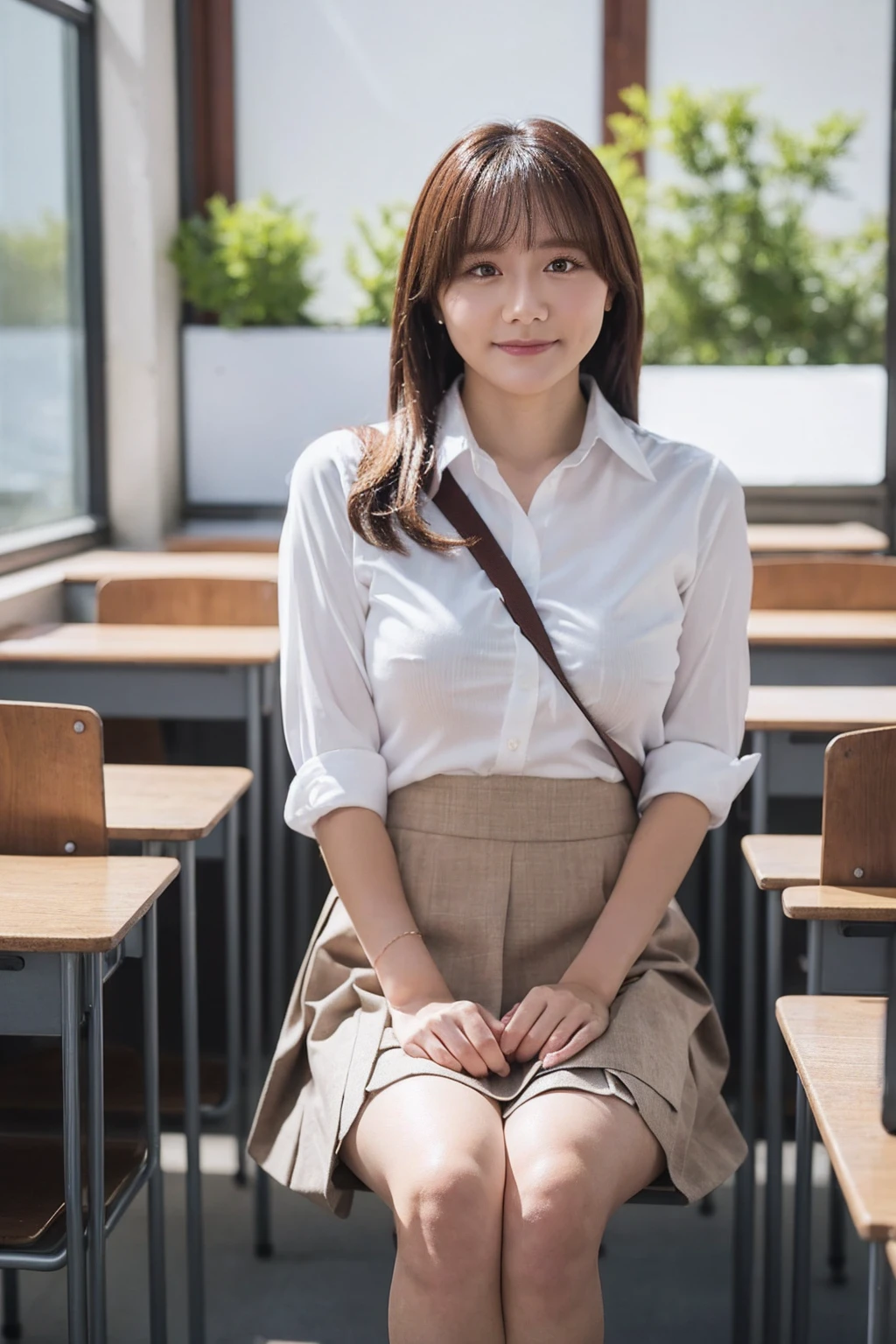  Highest quality, shape, Very detailed, finely, High resolution, 8k wallpaper, Perfect dynamic composition, Beautiful and exquisite,  Natural Lip, whole body, front,Large Breasts、University classroom、Pleated skirt、(((Looking into the camera)))、Brown Hair、((Shoulder bag)),Business shirts、Thighs