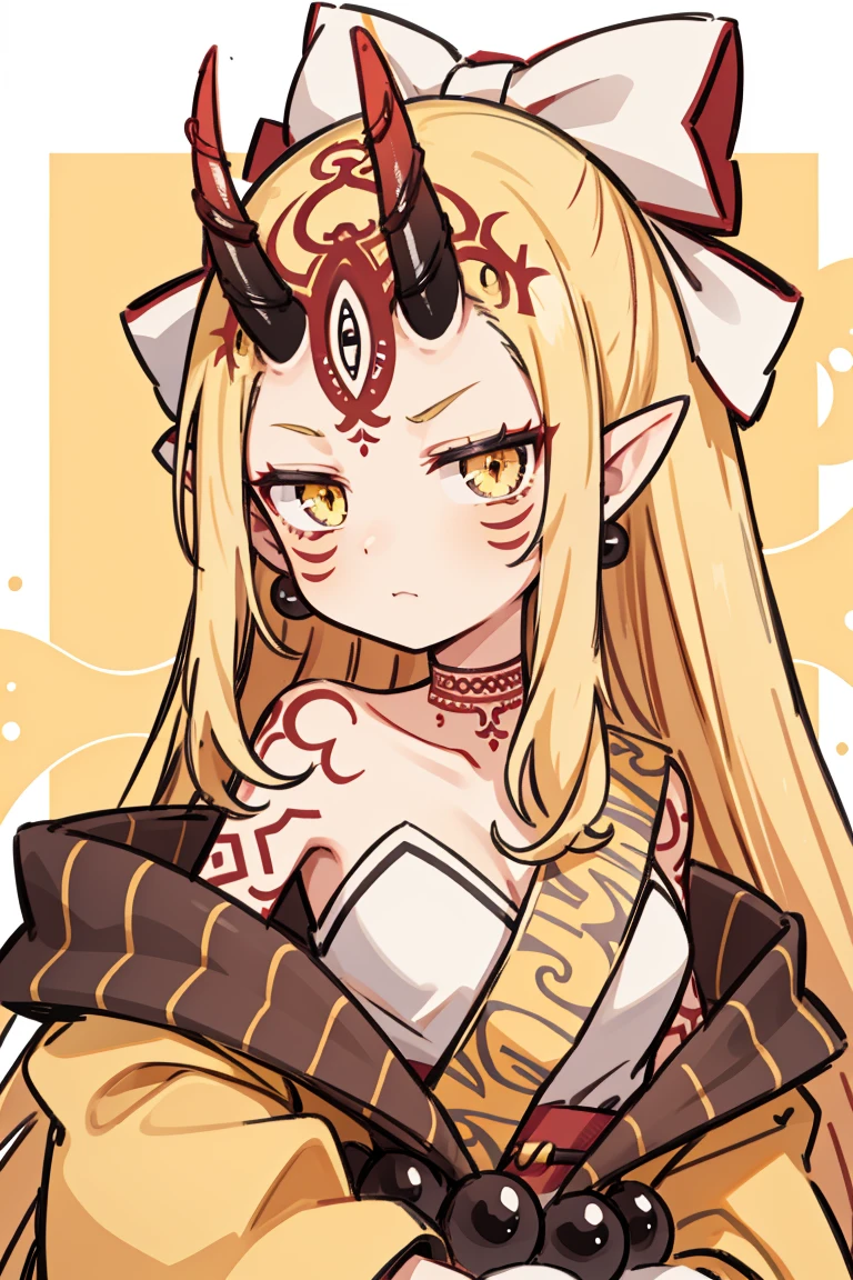 1girl, solo, (ibaraki_douji), blonde, yellow eyes, slit pupils, oni horns, japanese clothes, kimono, bare shoulders, off shoulder, yellow kimono, forehead mark, fingernails, sharp fingernails, red hands, hair accesories, straight hair, jewelry, earrings, serious, looking at viewer, upper body, standing, masterpiece, best quality