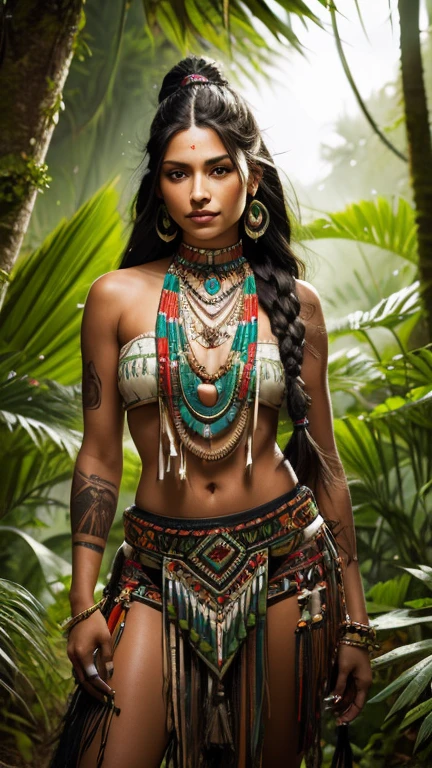 High resolution ultra detailed photography of a woman with long black hair wearing a necklace and earrings, wearing a Native American choker, Pocahontas, Native American, gorgeous woman, Native rich jewelry, photo of a beautiful woman, Indian girl with brown skin, Aztec princess, beautiful beautiful woman, hairstyle: wildly braided long braid, sides of head shaved, green eyes, model pose standing dancing in the jungle, many native tattoos, Full Clothing, realistisch real Photography 