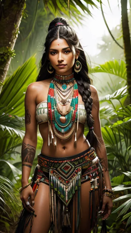 High resolution ultra detailed photography of a woman with long black hair wearing a necklace and earrings, wearing a Native Ame...