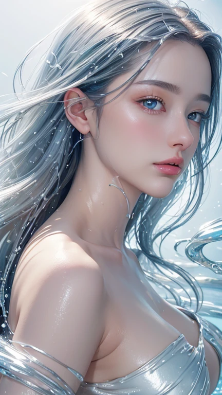 a digital painting of a beautiful attractive woman naked covered in spiral of splashing liquid silver jumpsuit , a hyperrealistic painting, figurative art, in silver paint, silver liquid, character is covered in liquid, fantasy art ,elegance pose, beautiful round breasts, medium breasts ,medium close up shot, lighting clear and soft effect , white background, blue eyes