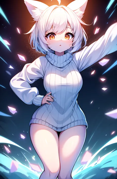 female, short, short white hair, white eyes. dynamic art, oversized sweater, furry bunny, 4k