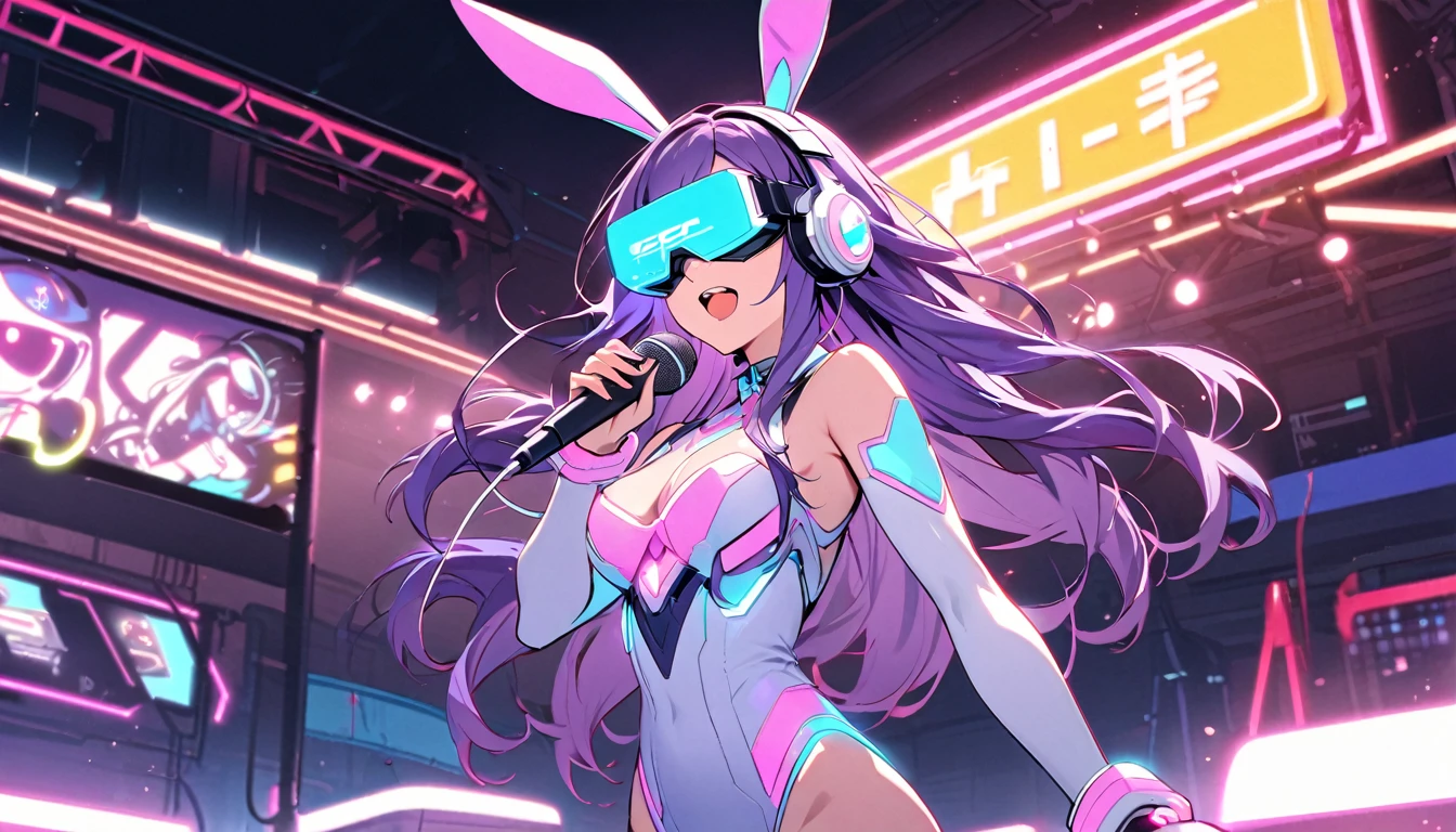 Beautiful girl, single, long hair, purple hair, glowing wires Wearing a half-cap, headphones, bunny ears, a neon-toned sci-fi robot leotard, in the background there is a robot with neon lights. The background image is a large robot, clearly visible. ,on stage, singing, wearing VR glasses