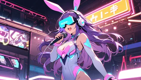 Beautiful girl, single, long hair, purple hair, glowing wires Wearing a half-cap, headphones, bunny ears, a neon-toned sci-fi ro...