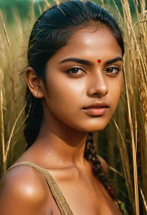 kerala model , 20 years old,  ((half body)), ((portrait)), standing beneath tall grass,(high skin detail), extreme skin detail, ...