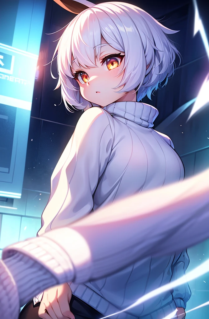 female, short, short white hair, white eyes. dynamic art, oversized sweater, furry bunny, 4k