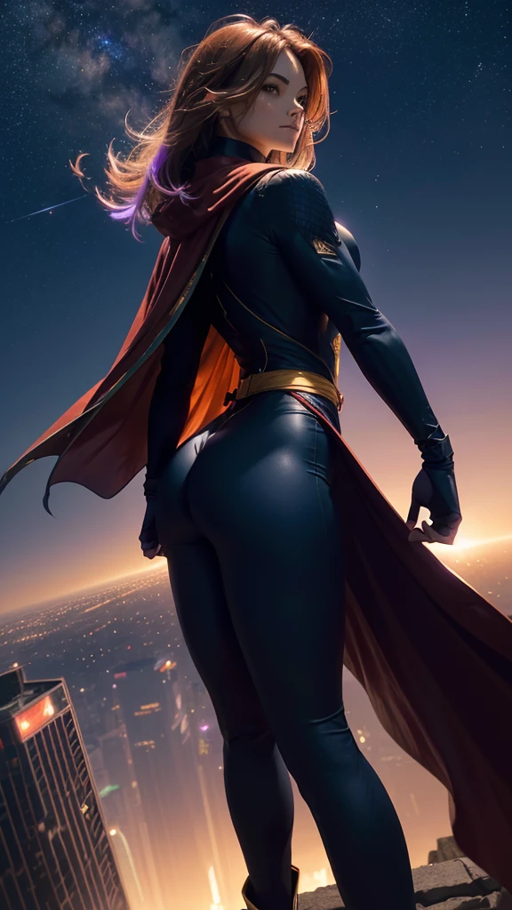 Tight suit in blue and red tones with the iconic symbol "S" On the chest.
- Red cape fluttering in the wind, long and majestic.
- High boots and gloves, both in red, that complement the suit.
- Thin yellow belt that defines the waist.
- Standing, with a firm and confident posture, hands on hips.
- Flying over a city with a determined look.
- In a dynamic pose, ready for action, with one arm extended and the other flexed.
- Determined and confident look, transmitting both power and compassion.
- A soft but confident smile can add warmth and bring the character closer.
- Metropolitan city at sunset, with skyscrapers and a sky that mixes orange and purple tones.
- A cosmic scene with planets and stars, showing your connection to the universe.
- A post-battle landscape with destroyed elements, highlighting her role as protector.
- Soft, warm light that highlights the textures and details of the suit.
- Shadows that accentuate the muscles and figure, creating a dramatic contrast.
- Light effects that suggest energy and power emanating from the character.
- Hair blowing in the wind, adding dynamism.
- Visual effects such as flashes of light or auras that enhance your power.
- Add moving elements, like the cape and hair, to give life and energy to the image.
