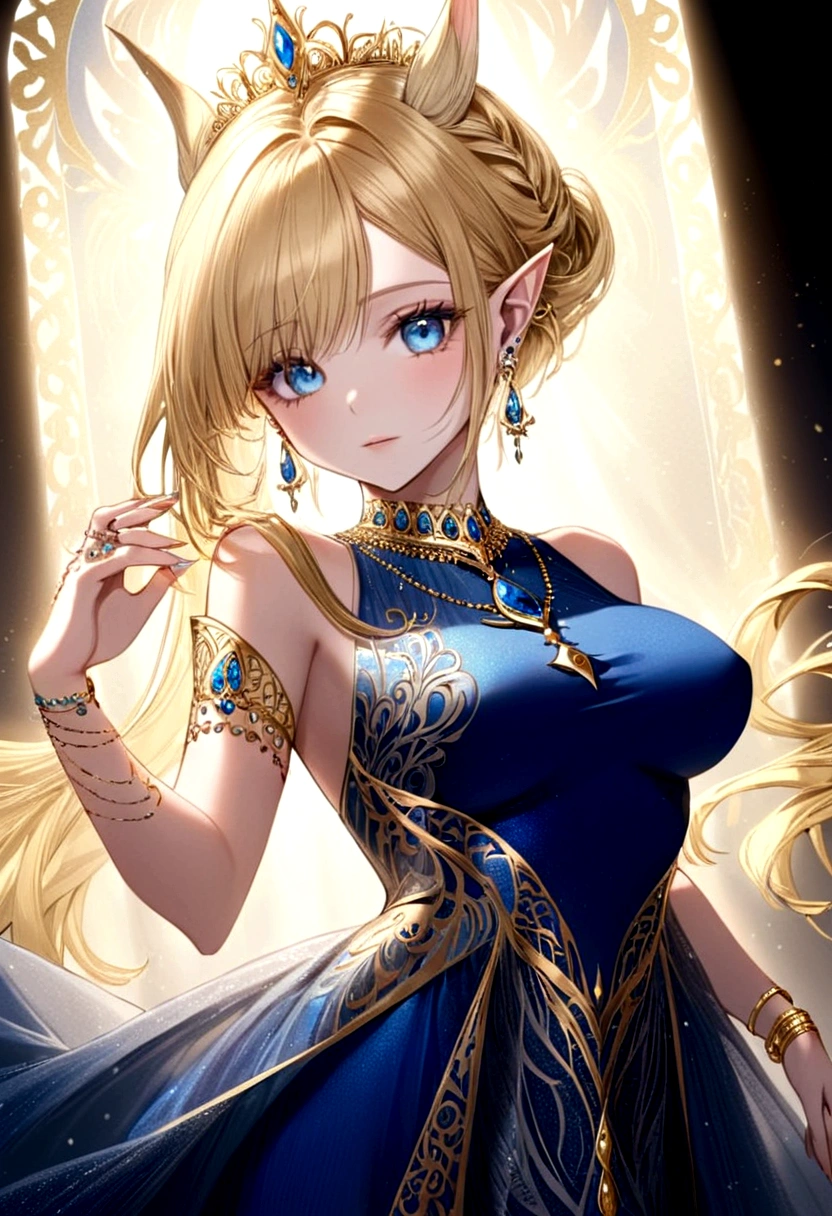 Adorned with luxurious accessories, the blonde-haired, blue-eyed elf queen captivates the viewer with her regal presence. Her gown, embroidered with gold and silver threads and intricately patterned with brightly colored threads, shimmers in the ethereal light. Ears adorned with pierced earrings sparkle, an elegant necklace adorns the slender neck, and rings and bangles adorn the fingers. giga_busty, breasts