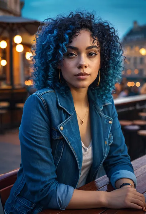 a beautiful mixed-race woman with blue curly hair, sitting on a bar terrace in a city, detailed face, warm lighting, detailed ar...