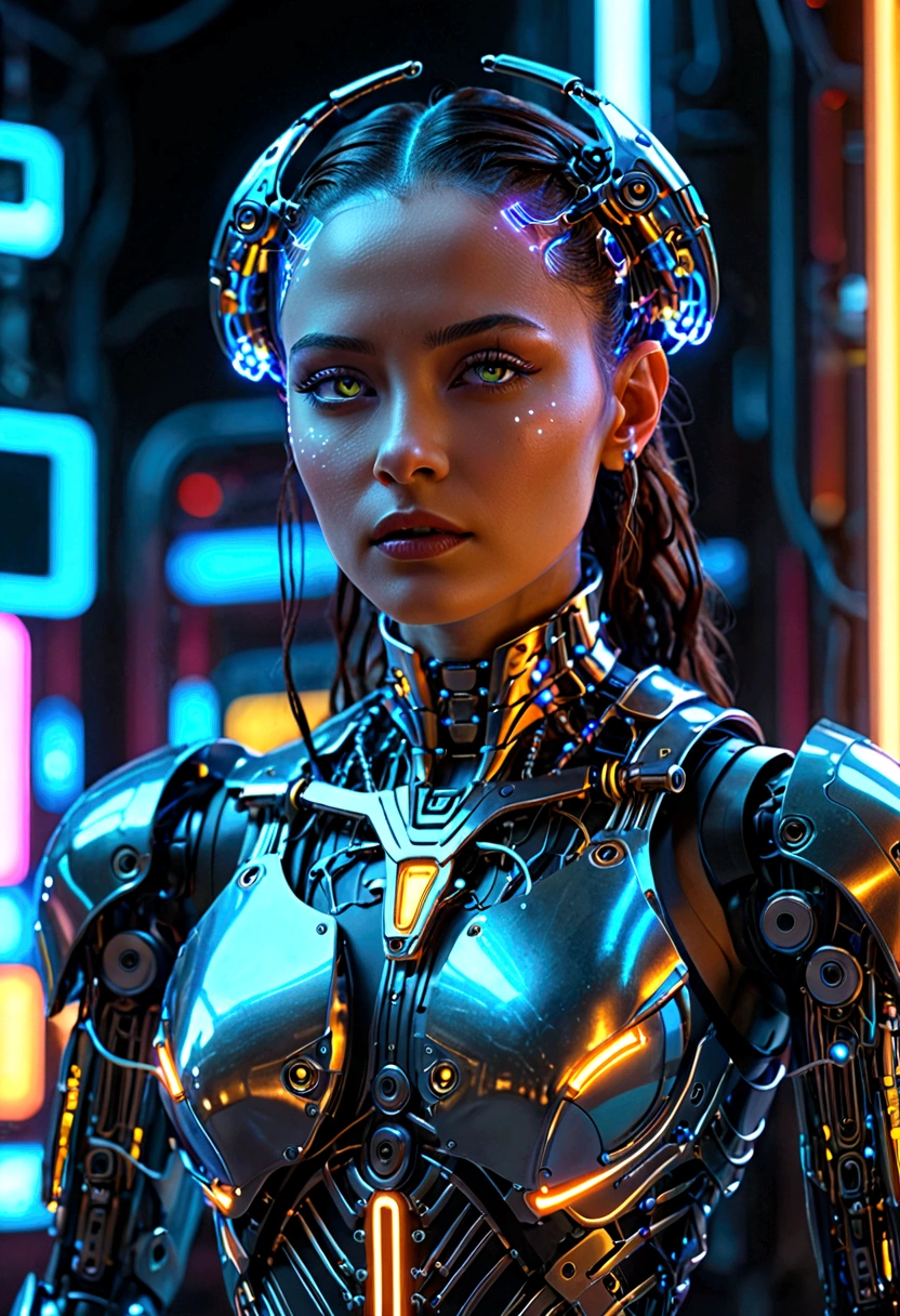 未来の女王, サイバネティックボディ, ロボット外骨格, 光るネオン回路, 高度な技術, SFの風景, ドラマチックな照明, 幽玄な雰囲気, 複雑なディテール, 光沢のある金属表面, 鋭い視線, 鋭い顔立ち, 優雅な姿勢, 威厳のある存在感, 素晴らしい視覚効果, 映画の構成, 超現実的な, 見事な8k, 傑作