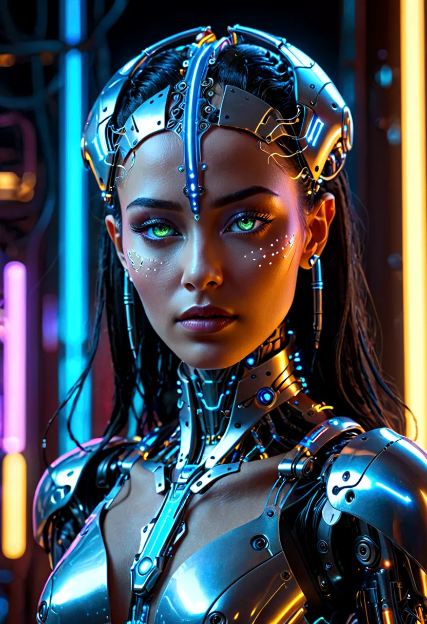 Futuristic queen, cybernetic body, robotic exoskeleton, glowing neon circuits, advanced technology, sci-fi landscape, dramatic l...