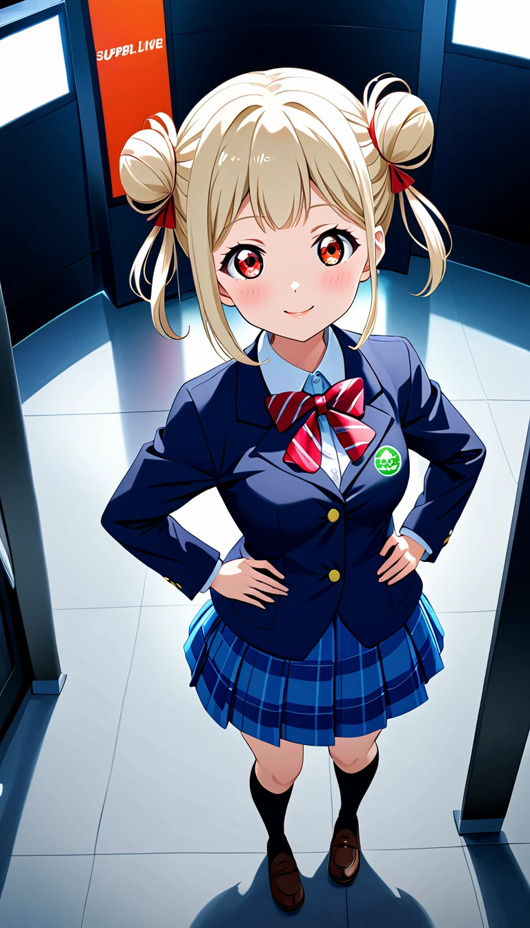 arashi chisato, love live! super star, long hair, bangs, (red eyes:1.3), twintails, white hair, blunt bangs, hair bun, double bun,break,wearing otonokizaka winter uniform, red striped bow tie, navy blue blazer, blue striped skirt,socks,loafers,standing,put hands on hip,from above,cowboy shot,closed mouth,in akihabara station :d, (1girl), (solo),BREAK score_9, score_8_up, score_7_up, score_6_up, source_anime 