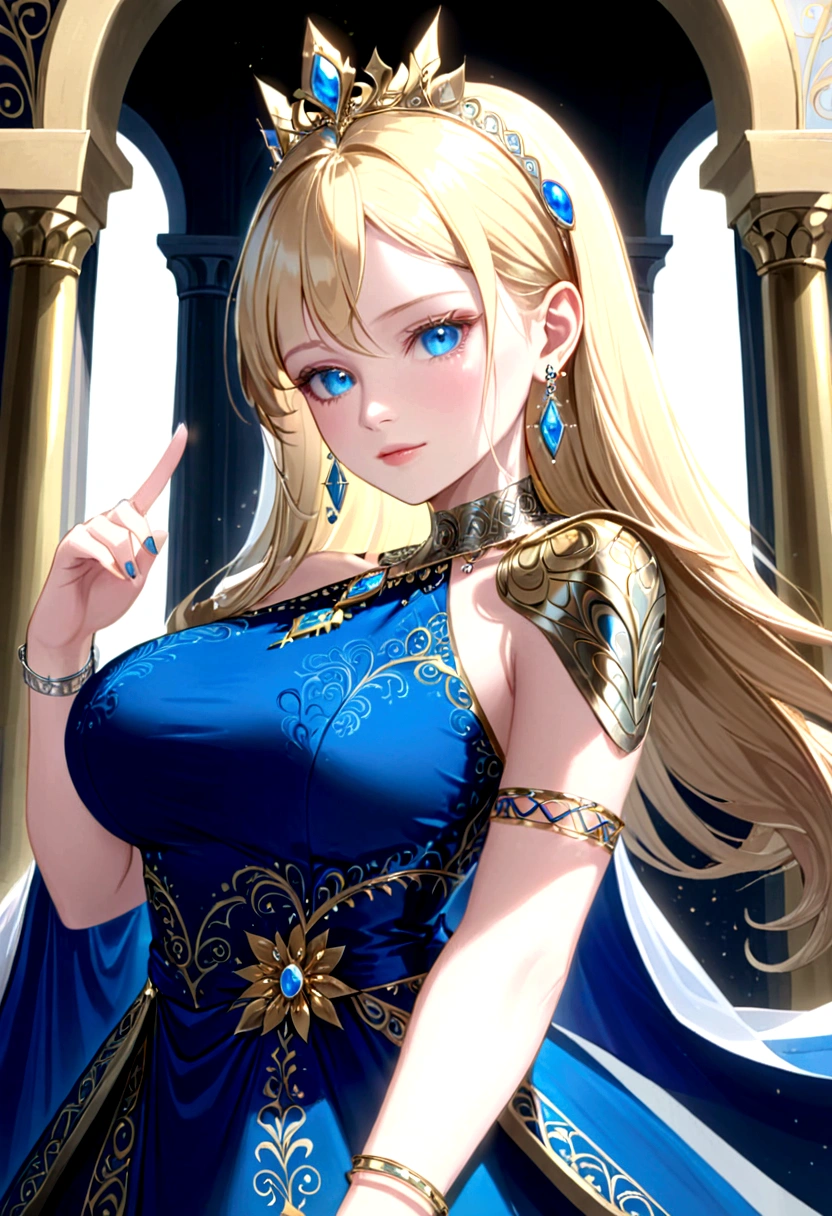 Adorned with luxurious accessories, the blonde-haired, blue-eyed elf queen captivates the viewer with her regal presence. Her gown, embroidered with gold and silver threads and intricately patterned with brightly colored threads, shimmers in the ethereal light. Ears adorned with pierced earrings sparkle, an elegant necklace adorns the slender neck, and rings and bangles adorn the fingers. giga_busty, big breasts