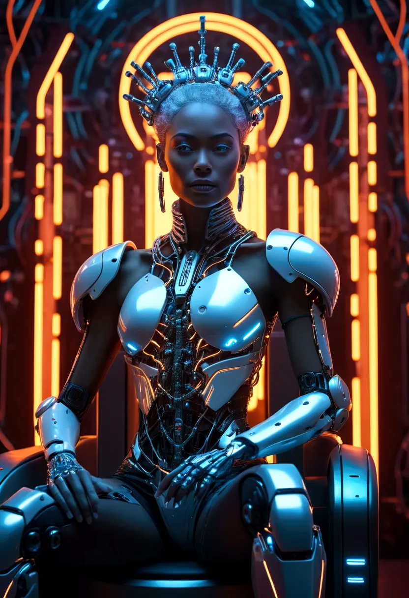 Futuristic queen, cybernetic body, robotic exoskeleton, sitting on a Throne, glowing neon circuits, advanced technology, sci-fi ...
