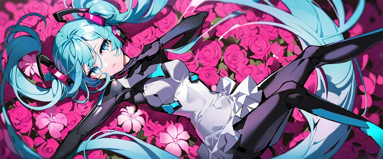 masterpiece, Highest quality, One girl, alone, Long Hair, hatsune miku, Twin tails, very Long Hair, bodysuit, Blue Hair, gloves, whole body, blue eyes, floating, View your viewers, hair ornaments, No sleeve, black gloves, Multicolored Hair, Facial blemishes, No sleeve ドレス, flower, Part your lips, absurdly Long Hair, elbow gloves, White Dress, Hair between the eyes, 