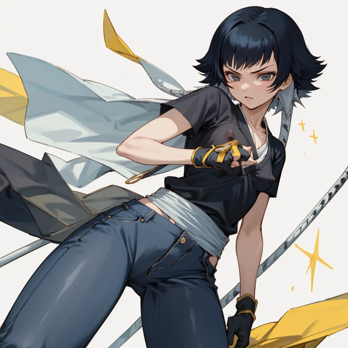 ((Highest quality)), ((masterpiece)), (Familiar),  BLEACH,Soi Fon, 1 girl, alone,  Erect nipples, Black Hair,Slanted Eyes, Black clothes,Black Shirt,jeans, thin, short hair, Small breasts, gloves, 