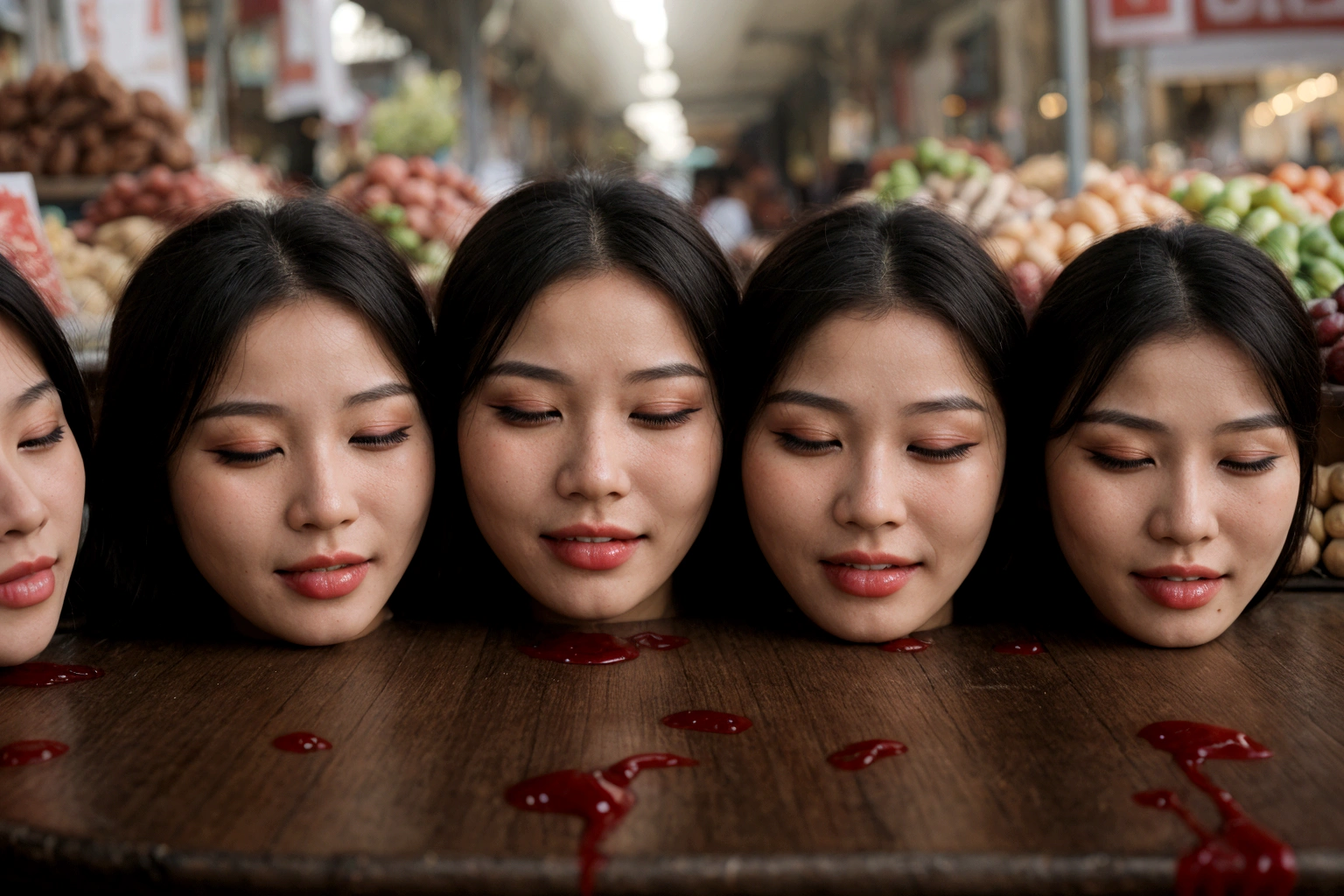 Varias cabezas decapitadas de mujeres hermosas., En una mesa, in a mercado público, lleno de sangre, Sangre fluyendo, ((Ojos cerrados)), sangrado, Fotorrealista, 4k, nikon, horror, mercado público, Hermosa cara asiática, plástico envuelto,