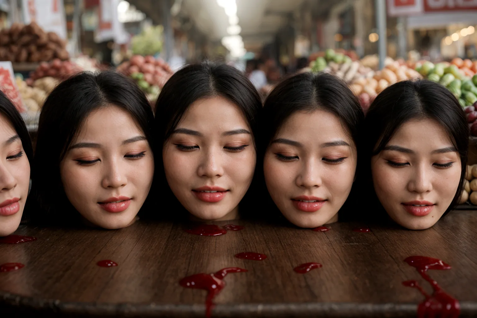Several decapitated heads of beautiful women, on a table, in a public market, full of blood, blood flowing, ((eyes closed)), ble...