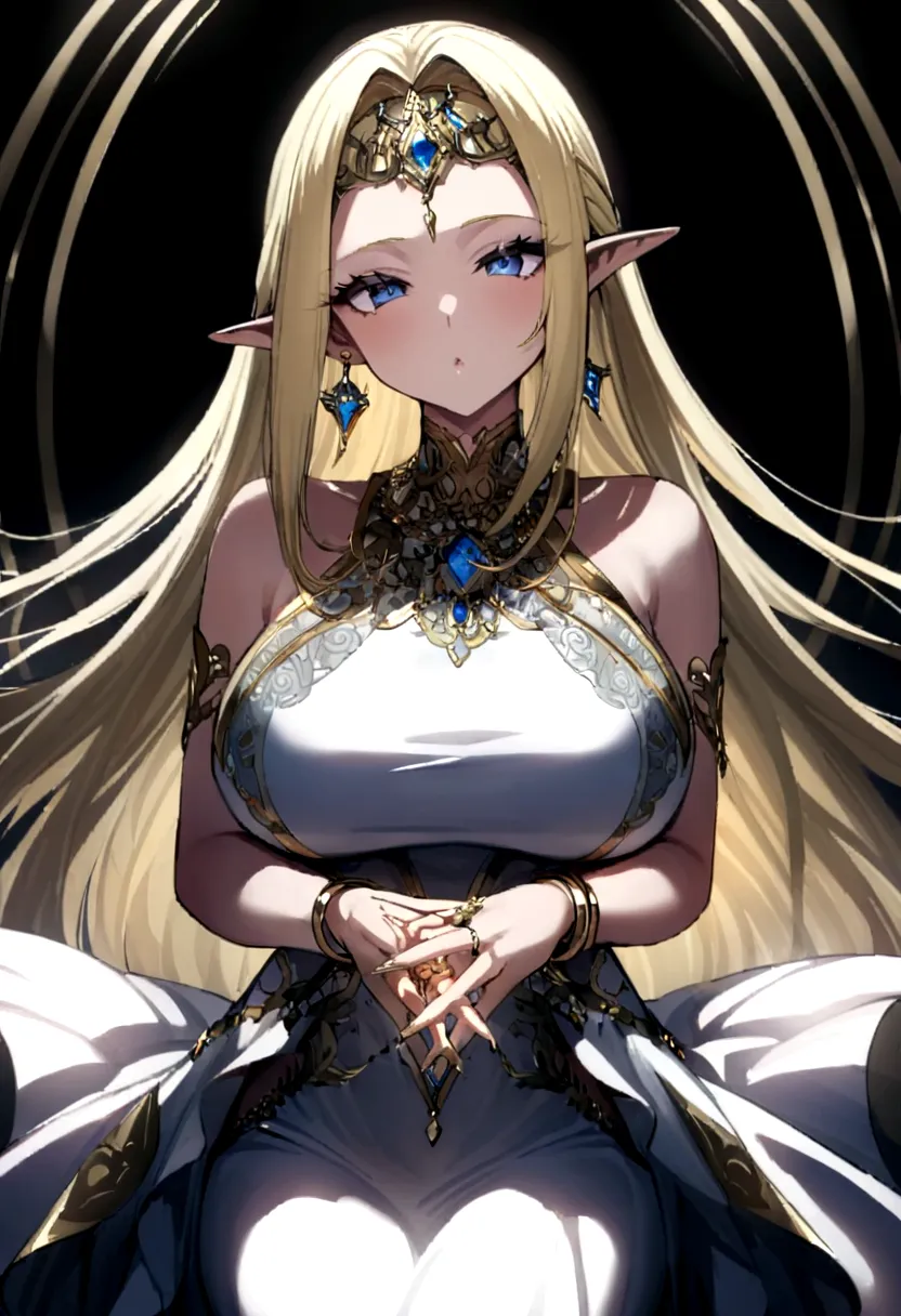 Adorned with luxurious accessories, the blonde-haired, blue-eyed elf queen captivates the viewer with her regal presence. Her go...