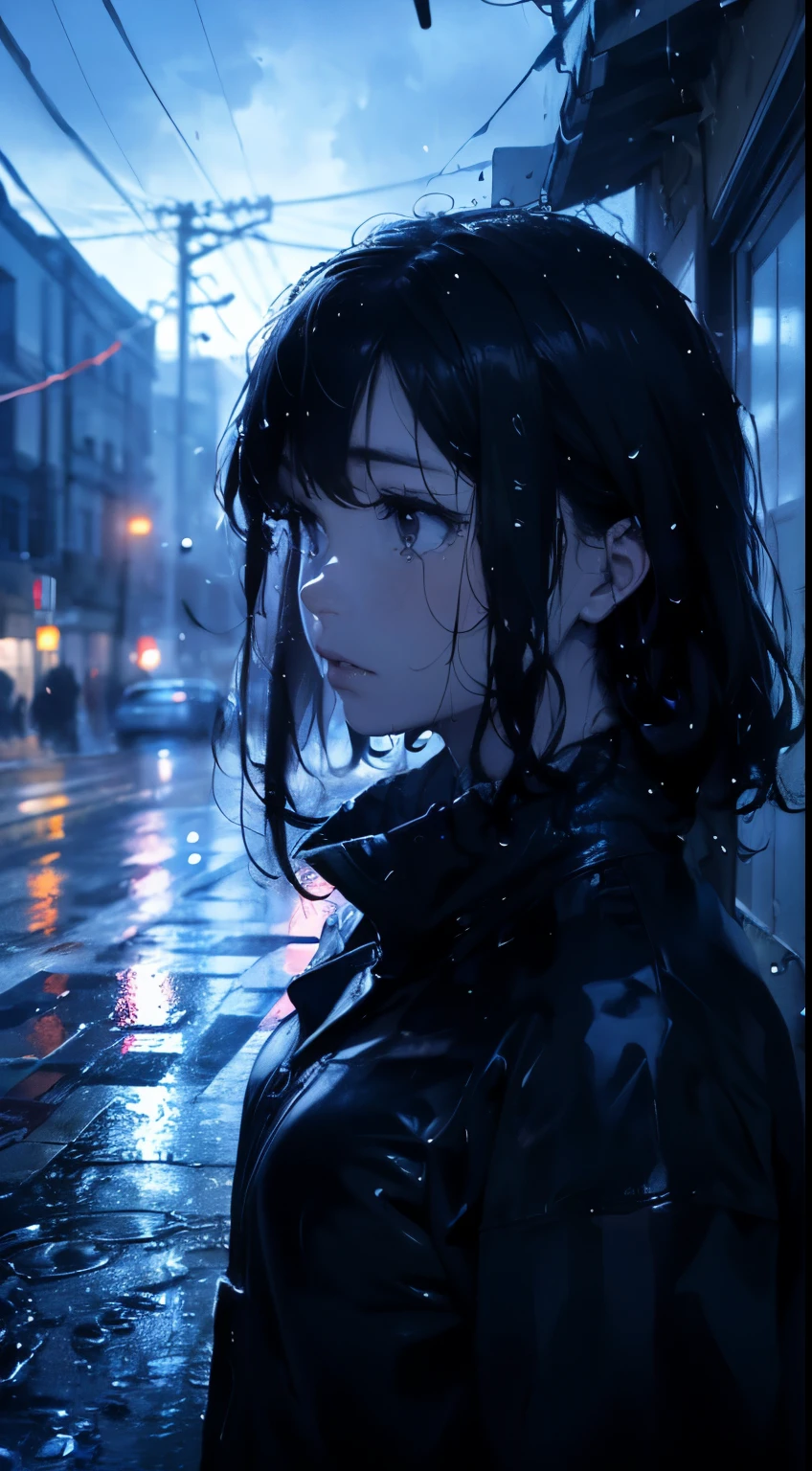 ( Highest quality,4K,8K,High resolution,masterpiece:1.2),Super detailed,(Realistic,photoRealistic,photo-Realistic:1.37),rainy scene,stress,Outdoor,Gloomy atmosphere,Realistic droplets on the face,Soaked clothes,Dark colors,despair,Devastation,Lonely,Lost in Thought,Emotional,Wet roads,Apply mascara to your face,Tears ran down my cheeks.,Rain-soaked hair,Water dripping from hair,Shrug,Visible sadness,Pouring rain,thunderstorm,Severe Weather,Tragic,Deep sorrow,heartache,negative emotion,despairing expression,Cold and wet,pale,Heavy rain,Wet pavement,Tears fall rapidly,Lonely,Devastation