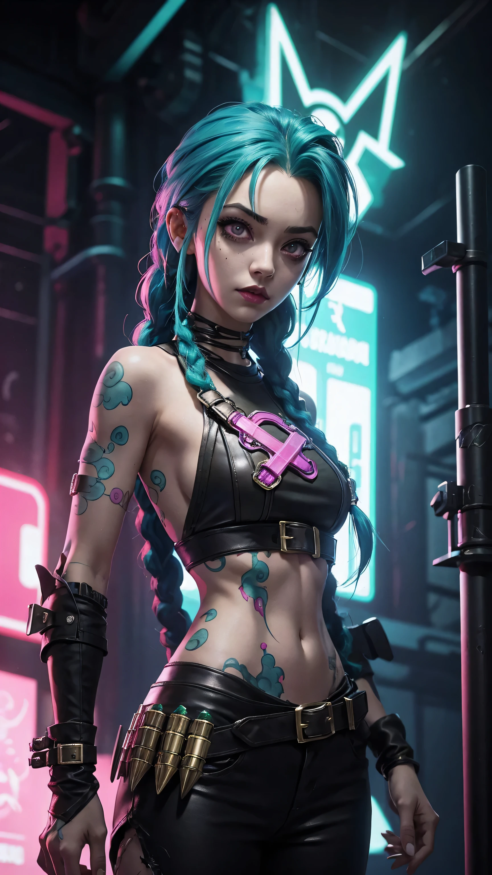 jinx arcane, uma mulher com hair green e tatuagens, cyberpunk woman anime woman, pants, 
Beautiful angry cyberpunk goddess, cyberpunk artstyle, cyberpunk anime digital art, cyberpunk anime art, Arcane Jinx Retrato, cyberpunk anime art, cyberpunk themed art, cyberpunk dark fantasy, arcane style, 
1 girl, stars tattoo on arm, asymmetrical bangs, bangss, hair green, green braids, brown shirt, stars tattoo, sideways, hair green, long hair, pink eyes, Red lips, 
standing , cloud tattoo, Twin braids. Arcane Jinx. Garota de hair green, garota de Twin braids, Jinx in a burning place, spark, spheres of light, Film Poster, Jinx, Arcane\(league of legends\