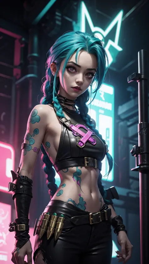 jinx arcane, uma mulher com hair green e tatuagens, cyberpunk woman anime woman, pants, 
Beautiful angry cyberpunk goddess, cybe...