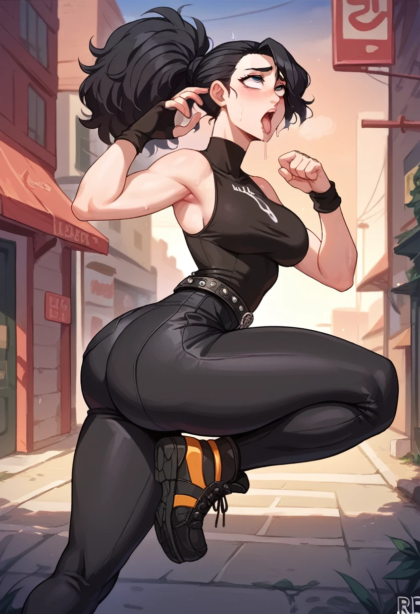 Young Girl,with a very beautiful appearance,Medium breasts, god, Juicy frogs, Juicy ass,black hair tied into a high ponytail with a black elastic band,white eyes,With a rude look,wearing a sexy black turtleneck,black sexy leggings,black gucci belt, High Black Shoes,black choker on the neck, posing lewdly,Makes Achegao,Drooling, Located in the city at night