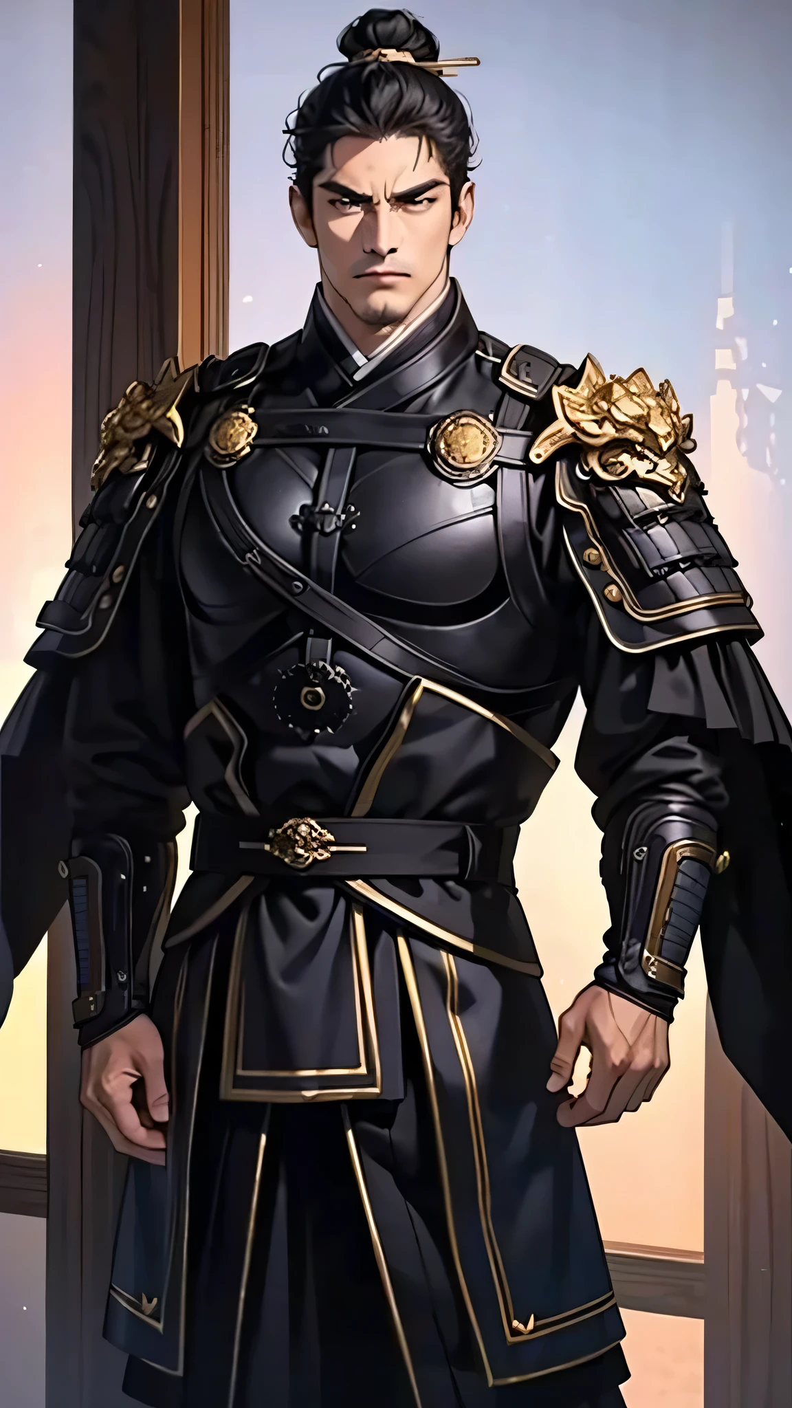 middle aged man, eyes looking at camera, perfect male body, epic character, (amazing, tall and strong, muscular,black hair,frown, black coat),dramatic shadows, oriental armor,(masterpiece, high resolution, perfect eyes, Ultra-detailed:1.0)