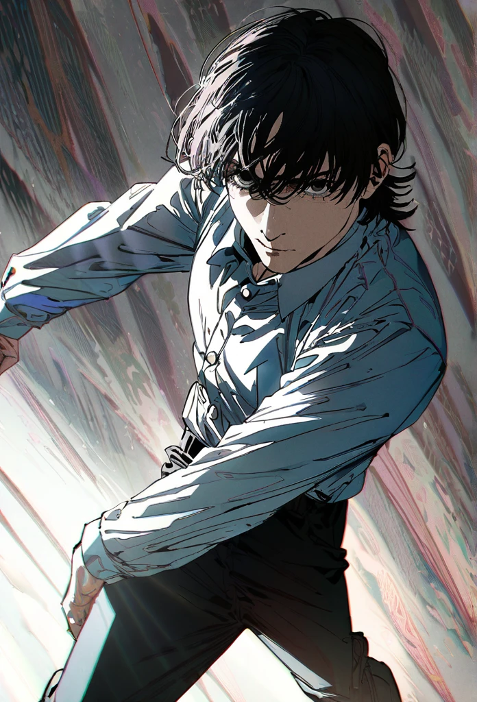 ```
Yoshida Hirofumi de Homem Serra Elétrica, Altamente detalhado, estilo anime, Cabelo preto, vestindo um , expressão séria, pose em pé, Iluminação dinâmica, fundo intrincado、alta qualidade、obra de arte

```