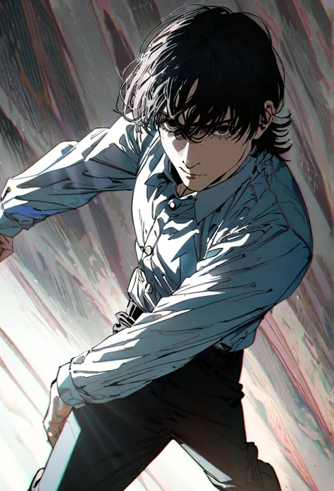 ```
Yoshida Hirofumi from Chainsaw Man, highly detailed, anime style, black hair, wearing a , serious expression, standing pose,...