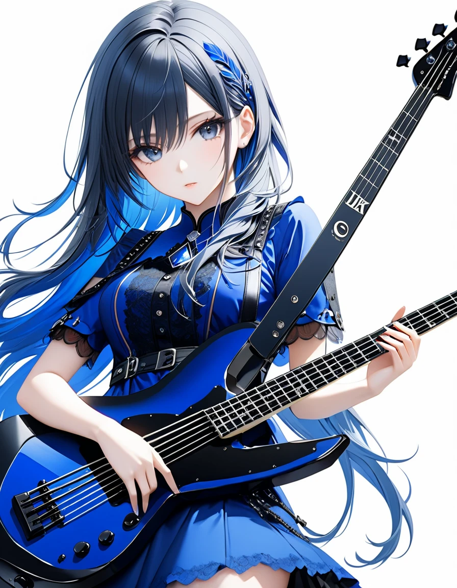 (((White background:1.5)))、(very wide shot)、(masterpiece、Ultra HD、Highest quality、Masterpiece、４K:1.2)、Slender body、Playing a black electric bass,Scandinavian Metal Girl, Intense gaze into the camera, Intricate details, Highly detailed eyes, Highly detailed fingers、Blue semi-long hair、Blue Gothic Dress, Intricate details、shoot from above