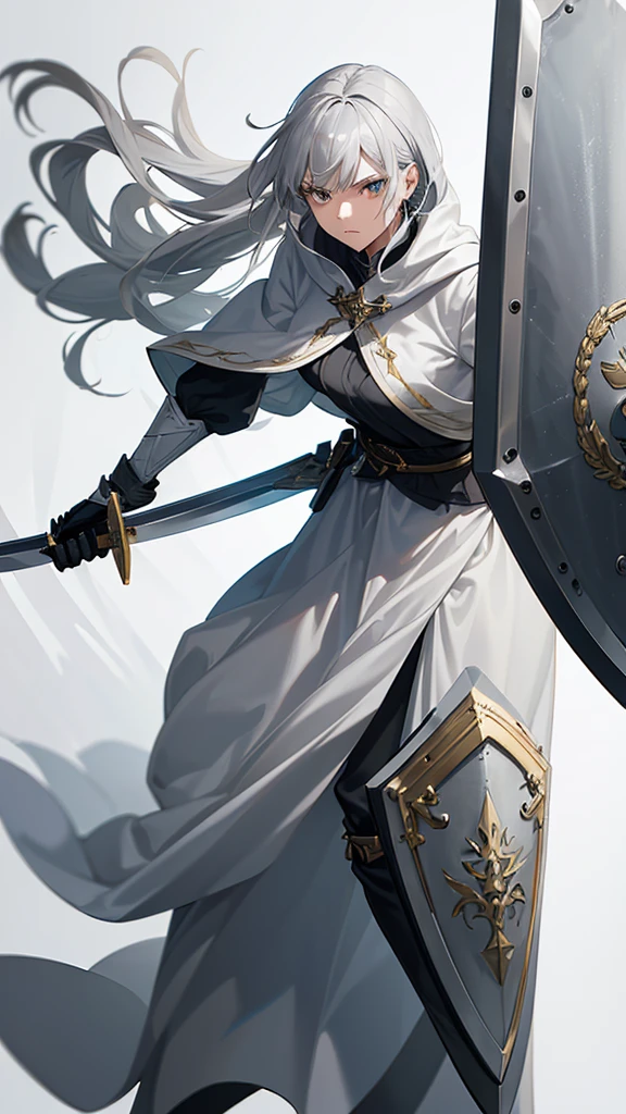 (Gray Hair,):1.2, Combat Stance, ,Cape,(Holding a sword:1.4),(Hold a shield:1.35), Dynamic Angle, Dynamic posture, Female Swordsman, Pure white background
